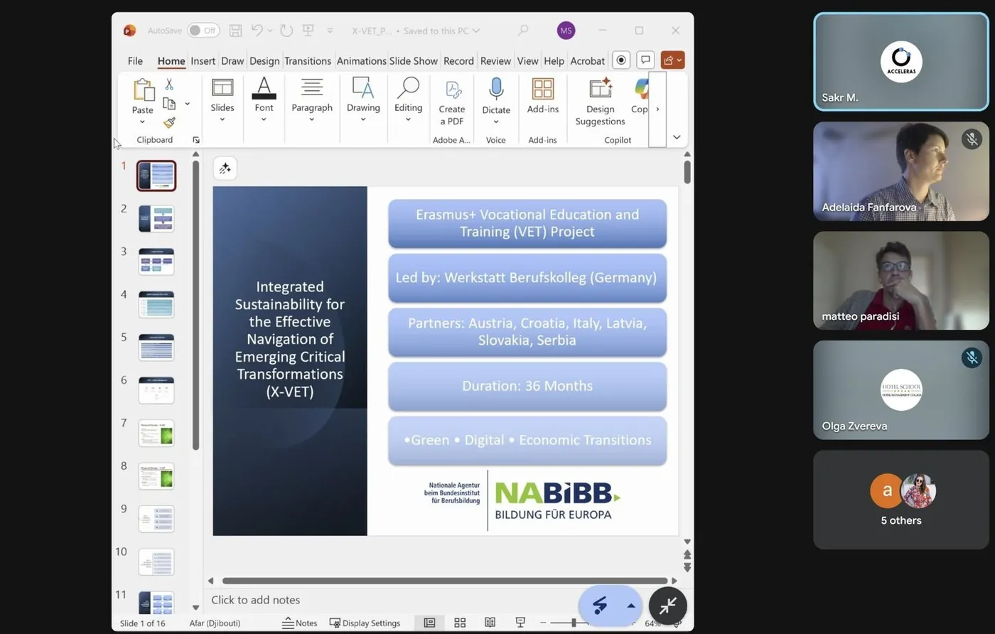 Screenshot of the online pre-kick-off meeting: the X-VET presentation next to the partners’ video tiles