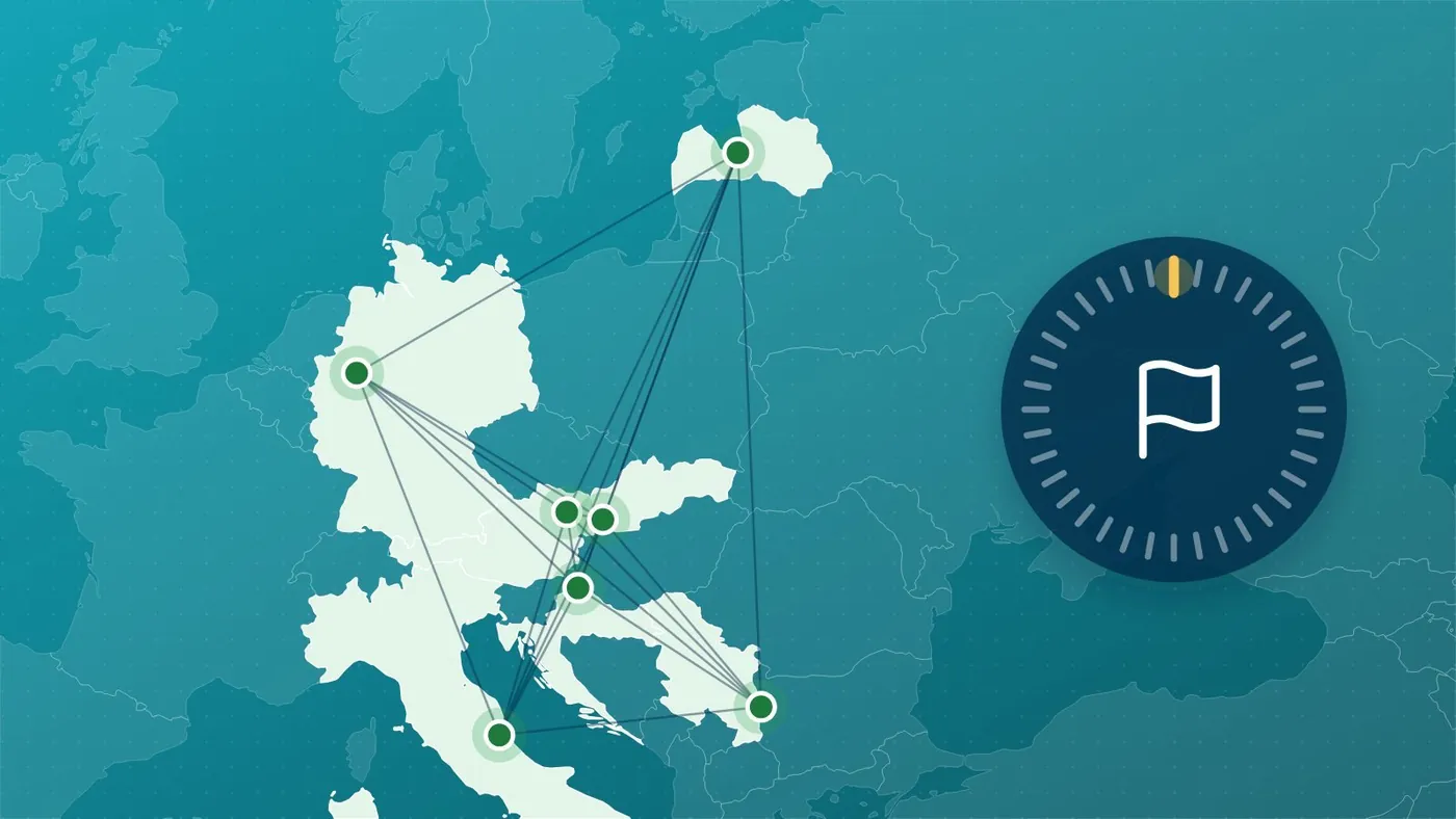 Illustration: map of Europe with the seven X-VET partner cities connected, and a 36-month dial with its first month marked