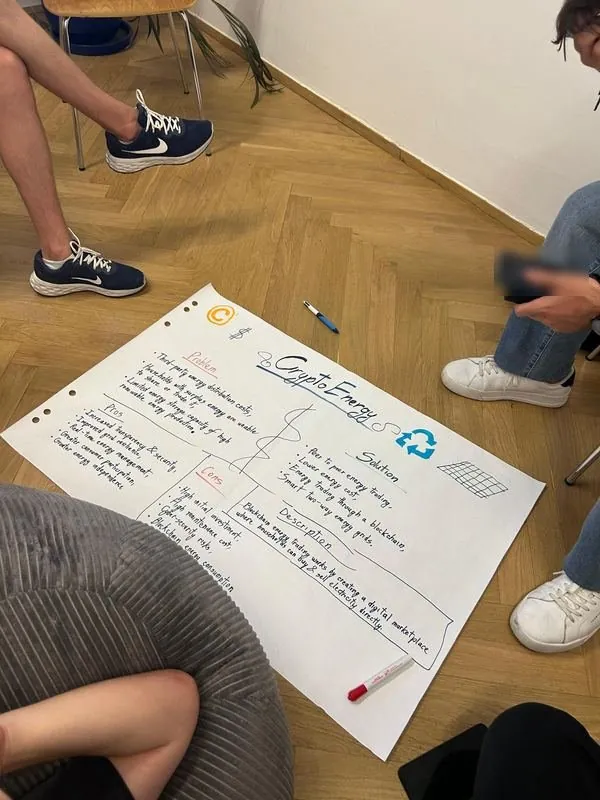 The “CryptoEnergy” flipchart with the problem, solution, description, pros and cons