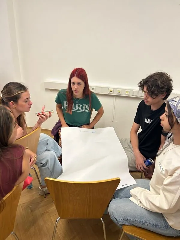 A group discussing its ideas around a flipchart