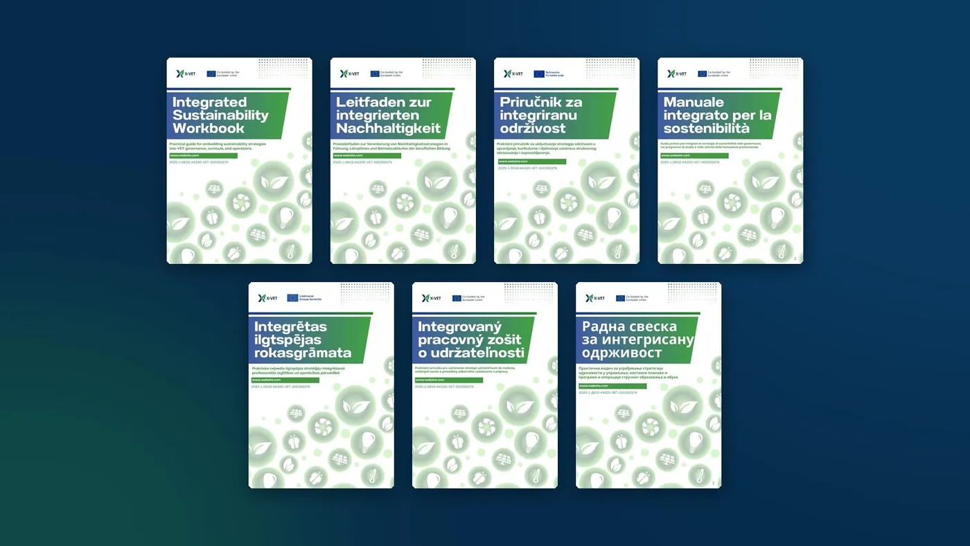 The covers of the Integrated Sustainability Workbook in English, German, Croatian, Italian, Latvian, Slovak and Serbian