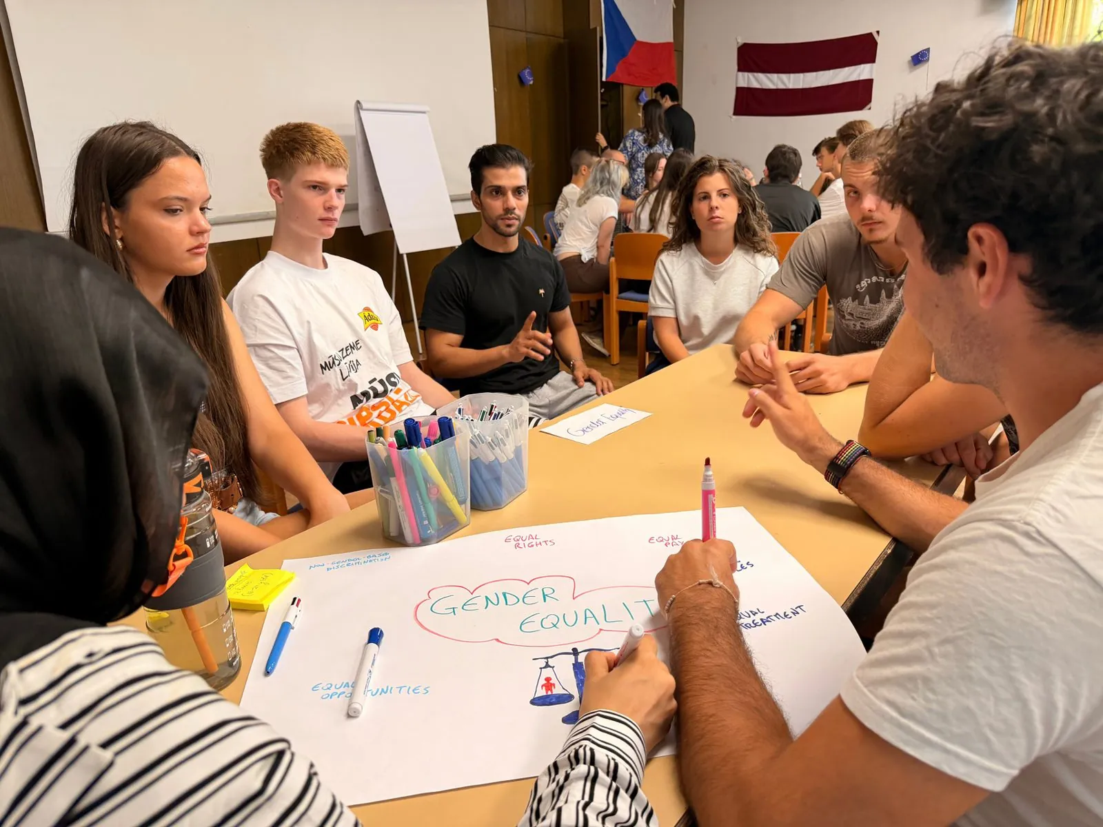 Students discussing around a table during a workshop